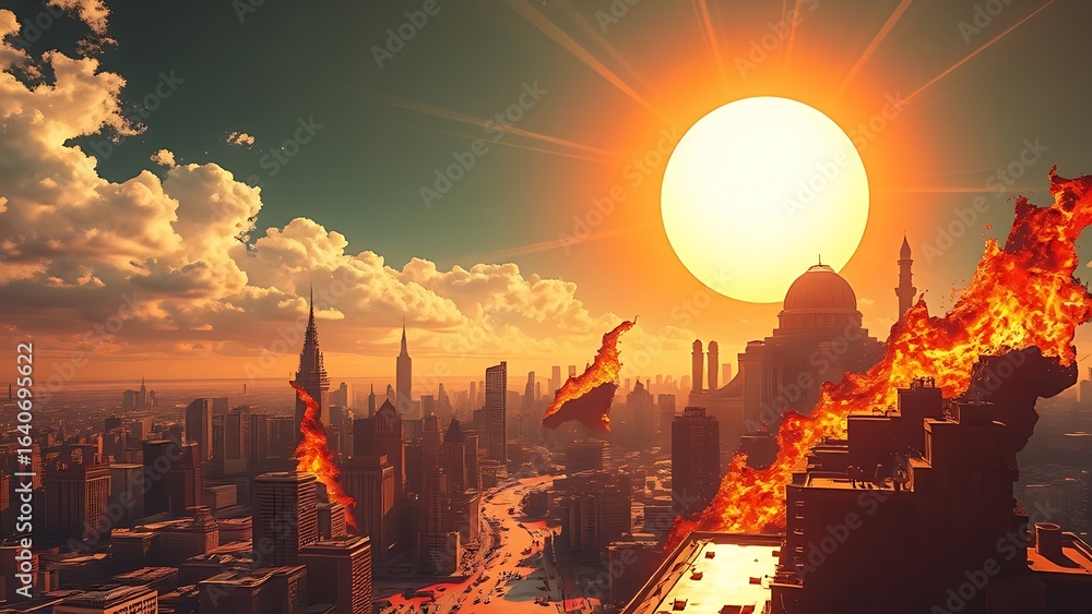Naklejka premium A surreal melting cityscape under an oversized sun, distorted by intense heat waves.