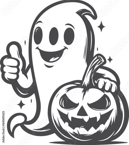 Happy ghost gives thumbs up next to spooky jack o lantern