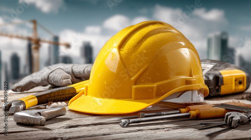 A yellow hard hat and construction tools on a wooden surface with city buildings behind it