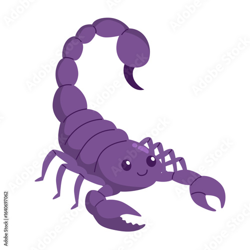 Cute purple scorpion with big claws and curved tail, cartoon style illustration for children’s education and desert wildlife.