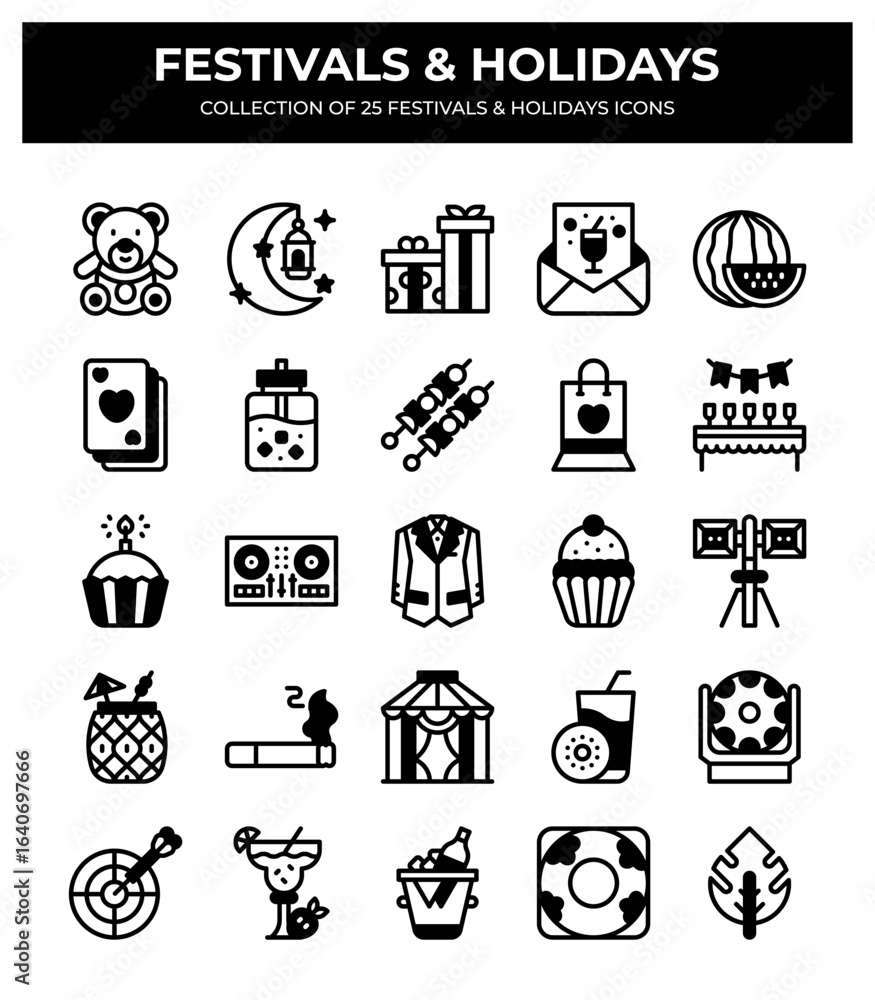 Obraz premium Collection of 25 Festival & Holiday Icons. Festive. Party. Celebration. Summer Event Vector Icons Set