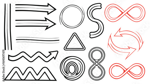Illustration featuring arrows lines circle triangle s shape and infinity symbols in black and red colors