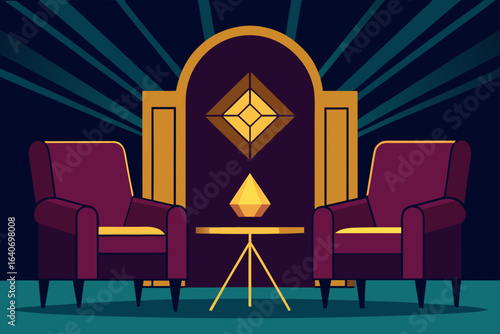 art deco lounge with deep jewel tones geometric