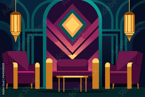 art deco lounge with deep jewel tones geometric gold