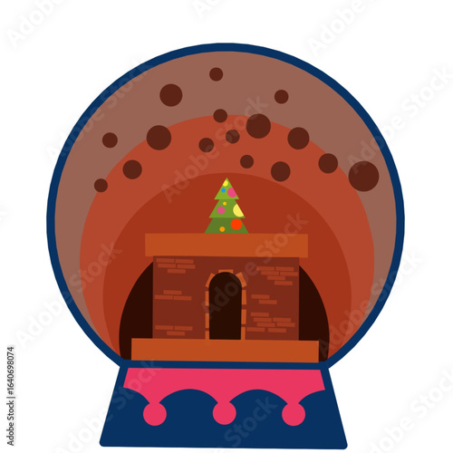Illustration of a snow globe containing a simple brick house with an arched door, decorated with a brightly colored Christmas tree on top. The background is a red-brown gradient with floating dots. 