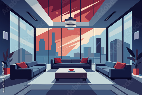 Luxury penthouse living room with high ceilings