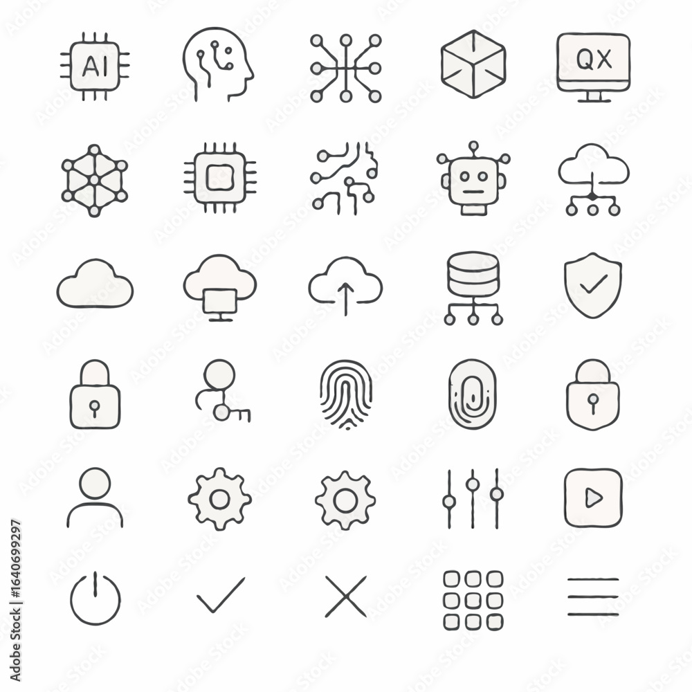 Fototapeta premium Outline vector icons illustrating modern technology concepts such as artificial intelligence
