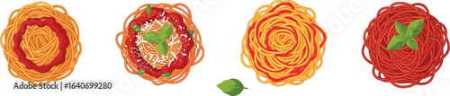 Four plates of spaghetti with various sauces and basil on a white background
