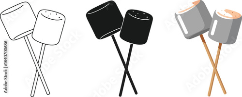 Three depictions of marshmallows on sticks in varying styles and colors