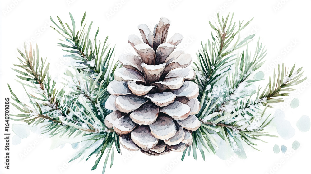 Fototapeta premium Watercolor painting of a pinecone with snowy branches on a white background in a festive arrangement