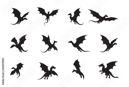 Flying Dragon Vector Silhouette Set
