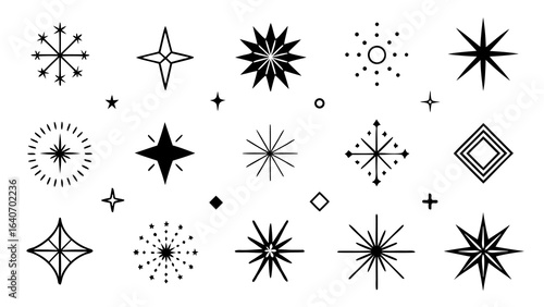 A vector collection of geometric star and sparkle icons in a minimalist style