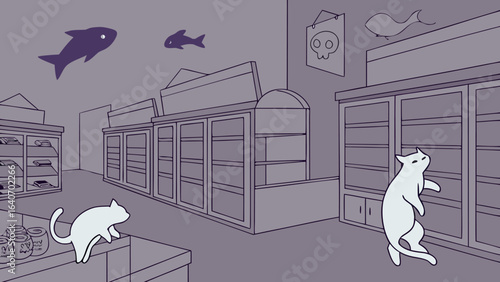 Whimsical cartoon illustration of two cats exploring a surreal grocery store filled with floating fish and a skull decoration