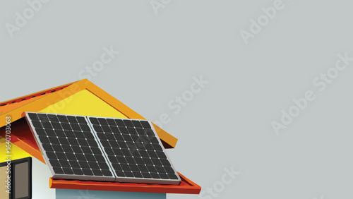 Solar panels installed on a yellow roof, viewed from a low angle against a gray background in a clear sky