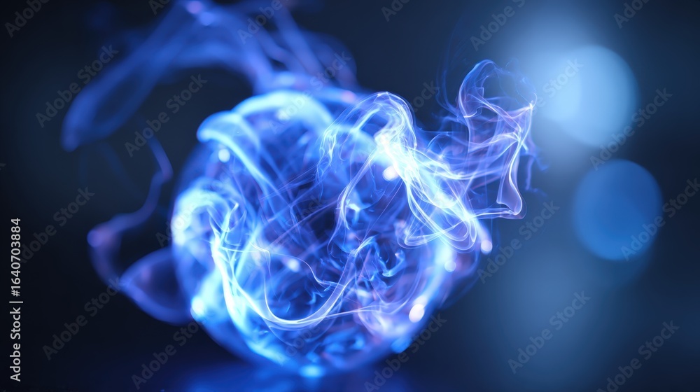 Fototapeta premium Abstract Glowing Sphere of Energy with Flowing Plasma, Particle Trails, and Bokeh Effects on Dark Background