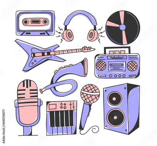 Hand drawn doodle music collection in bright and colorful style with guitar, microphone, speaker, and other musical instruments. Vector illustration