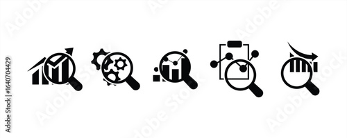 Magnifying glass data analysis icon set. Market research, analytics, business analysis, financial forecast logo. Vector illustration