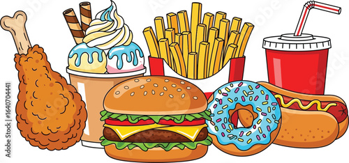 A cartoon illustration of assorted fast food items on a white background
