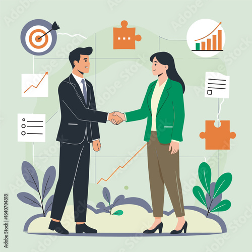business people shaking hands with bussines icon in background 