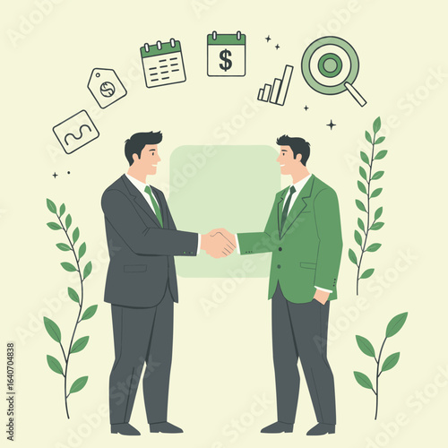 business people shaking hands with bussines icon in background 