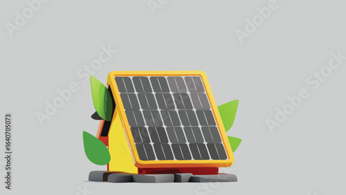 solar panel with leaves around it on a gray background in 3d rendering style