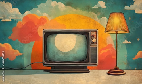 Illustration of a vintage analog television with a lamp beside it, set in a 1970s-style colorful background, reflecting the retro aesthetic of the era, Generative AI