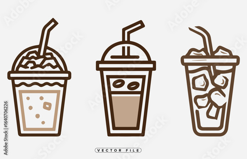 Set of Cold Coffee Drinks Illustrated in Brown on White Background