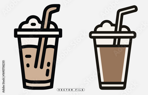 Illustration of four different coffee drinks with whipped cream and straws