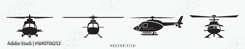 Collection of black helicopter silhouettes in various views and orientations