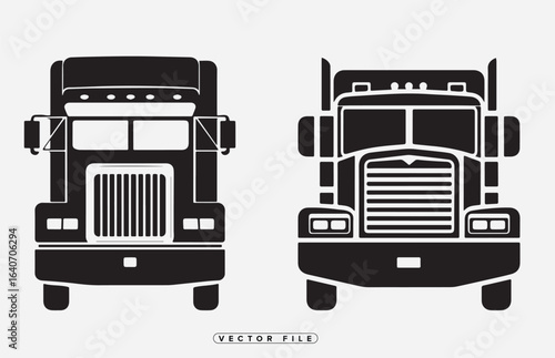 Black and white vector illustration of semi trucks or lorries front view