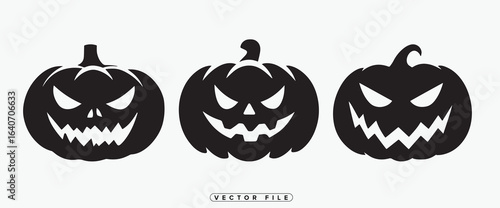 Three black silhouette jack o lanterns with menacing faces on white background