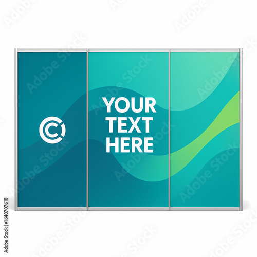 3D rendering of a teal and aqua straight 3-panel booth with abstract logo  for exhibitions and trade shows, isolated on white. Modern wave design for branding and marketing.