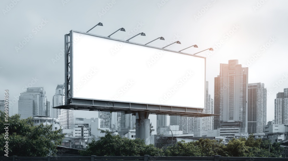 Fototapeta premium Blank Billboard in Cityscape Mockup for Advertising, Marketing, and Public Announcement Campaigns