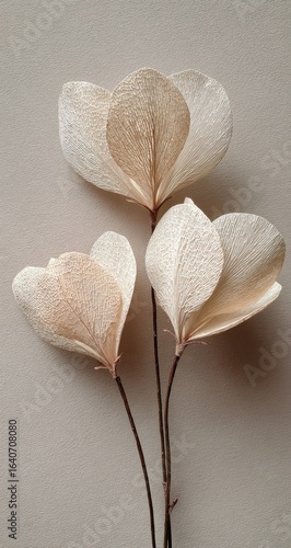 Dried flowers, beige tones, minimalist studio, calm background, wedding invitation