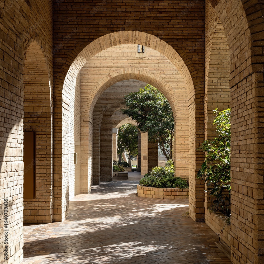 Naklejka premium Arch courtyard landscape: stone structure & plant light-shadow, architectural design