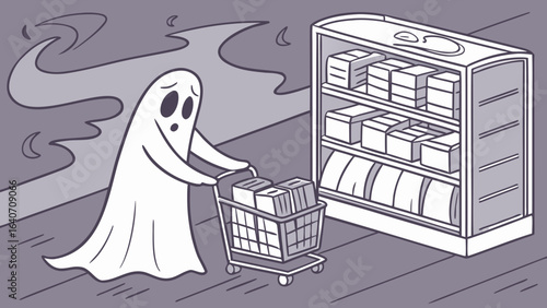 A sad ghost pushes a shopping cart filled with boxes down an aisle in a grocery store next to a shelf of products