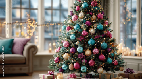 Festive Christmas tree adorned with colorful ornaments and surrounded by wrapped gifts in cozy living room