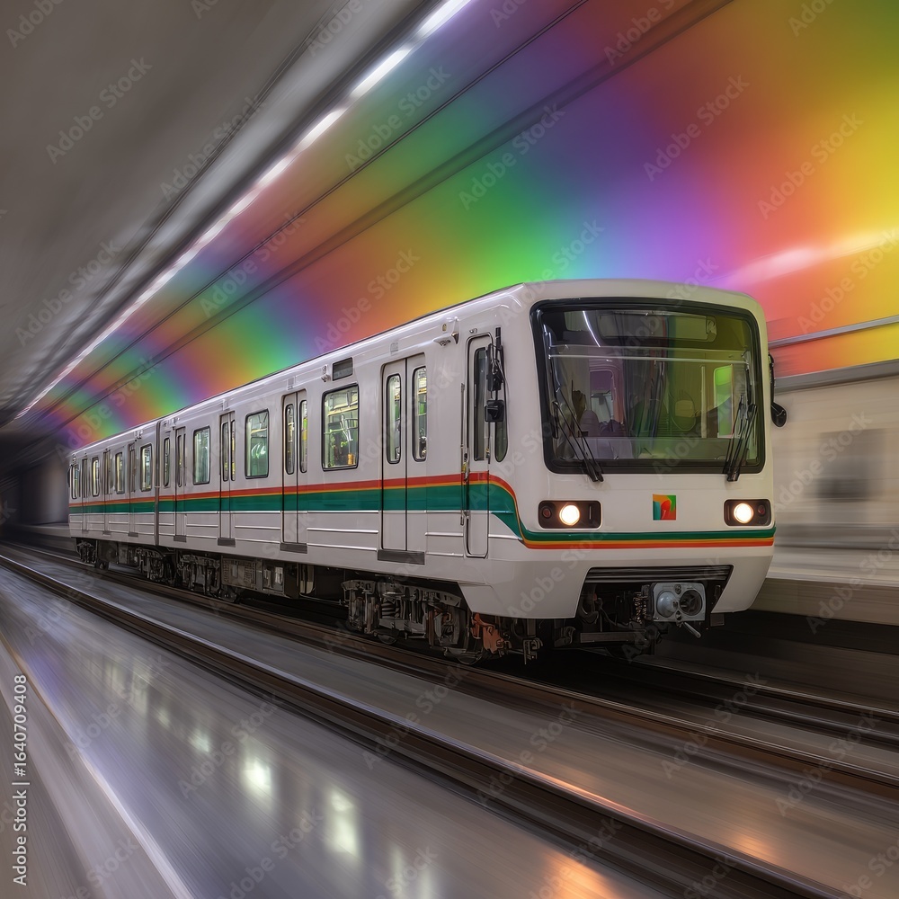 Naklejka premium Subway train speeds through colorful tunnel