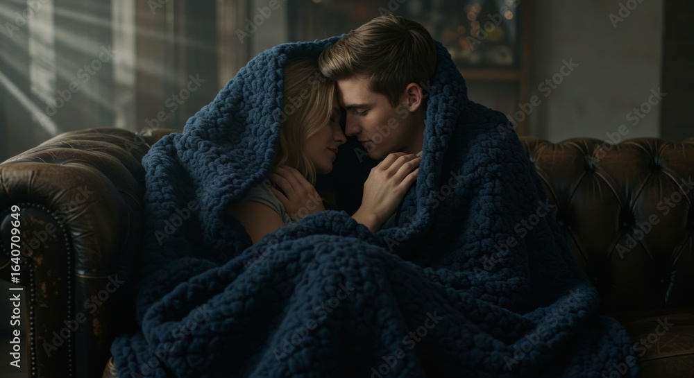 Fototapeta premium Romantic couple cuddling under a cozy blanket on a leather couch indoors