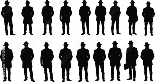 Vector silhouettes of men in long coats and fedora hats, standing in various poses, for spy, detective, and classic fashion themes.