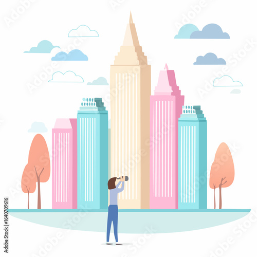 Woman with Telescope Vector Flat Minimalis Cityscape Vision