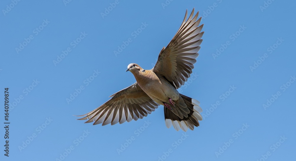 Obraz premium A graceful mourning dove soars through a clear blue sky, its wings spread wide in elegant flight, capturing a moment of serene freedom