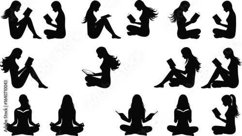 Vector silhouettes of women reading books in various seated poses, symbolizing learning, knowledge, and relaxation through literature, black on a white background.