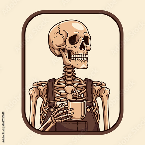 A relaxed skeleton character wearing an apron and savoring a hot cup of coffee. A humorous vintage cartoon mascot illustration.