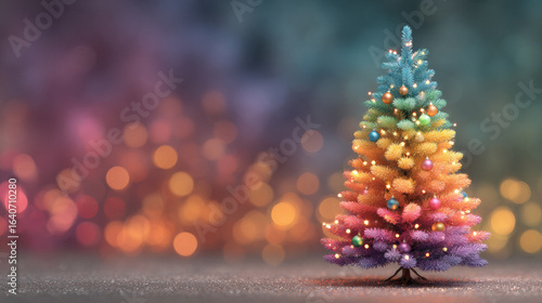 Vibrant Christmas tree adorned with colorful lights and ornaments stands against blurred, festive background