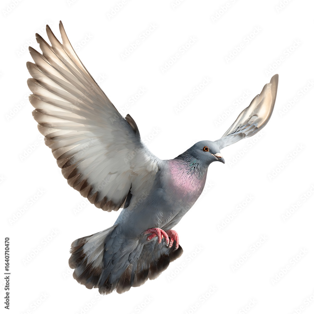 Naklejka premium Pigeon in flight against a black background.