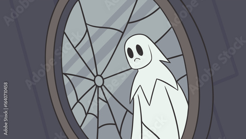A lonely cartoon ghost with a sad expression peers through a dusty cobweb covered window evoking a sense of spooky solitude and mystery