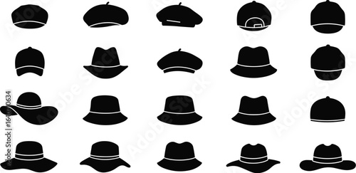 Silhouettes of various types of hats, including baseball caps, fedoras, and sun hats, perfect for fashion, accessories, and graphic design projects.