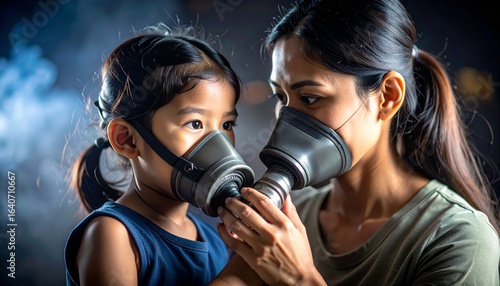 Touching portrayal of a mother assisting her child in wearing a gas mask during a crisis demonstrating love and care in adversity