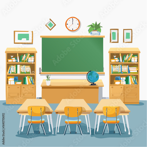Modern classroom interior with furniture and blackboard. Flat colorful vector illustration